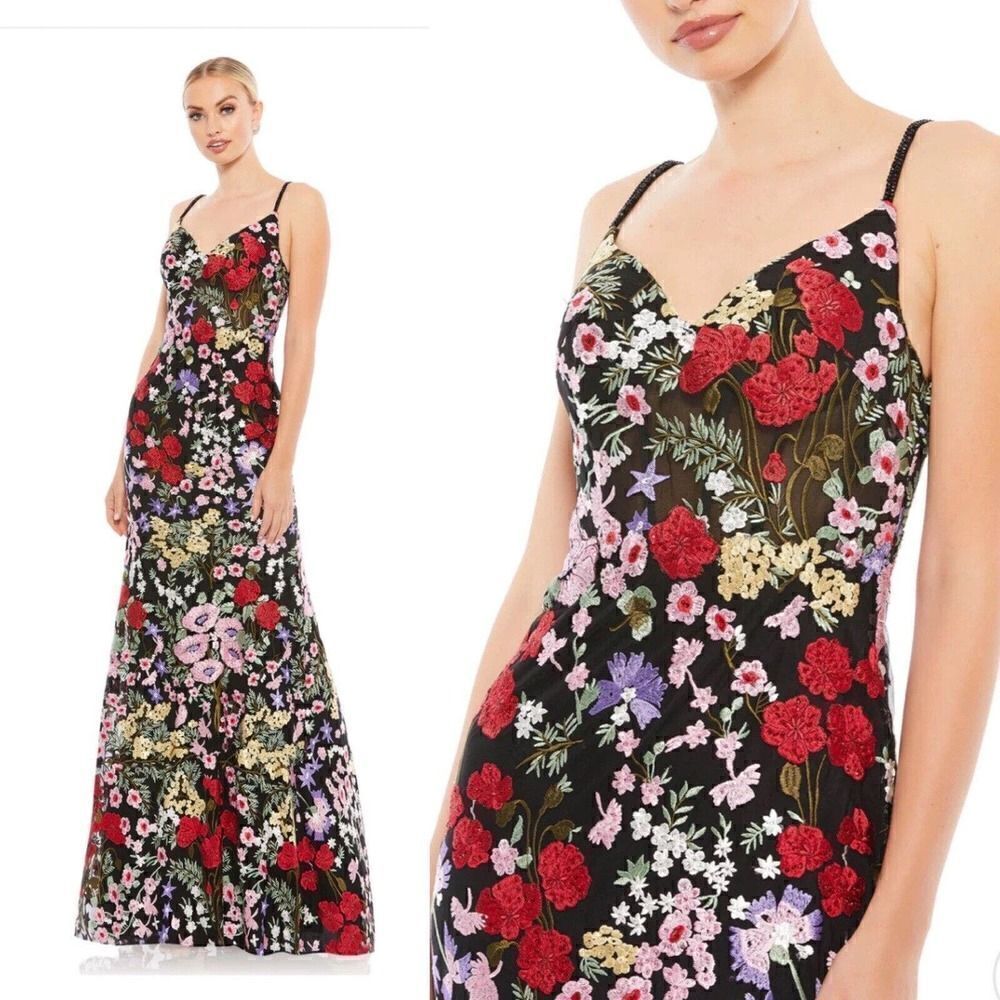 Mac Duggal Sz 2 Floral Embroidered Black Corset Crystal Maxi Slip Dress Gown NWT